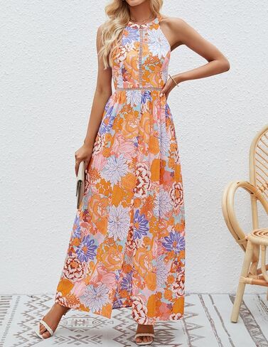 ZESICA Women's 2024 Summer Halter Neck Floral Print Backless Split Beach Party Maxi Dress in Saudi Arabia
