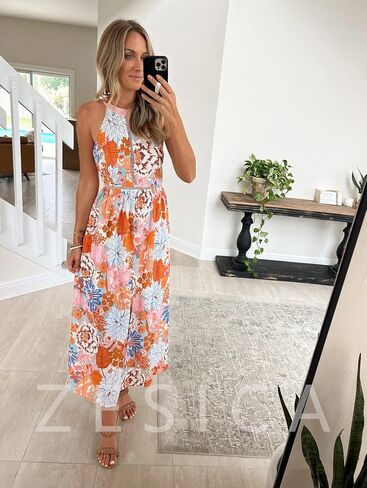 ZESICA Women's 2024 Summer Halter Neck Floral Print Backless Split Beach Party Maxi Dress in Saudi Arabia
