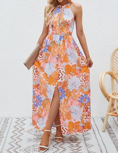 ZESICA Women's 2024 Summer Halter Neck Floral Print Backless Split Beach Party Maxi Dress in Saudi Arabia