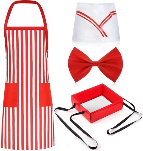 4 Pieces 1950s Adult Waiter Costume Kit Apron Tray with Strap Soda Jerk Chef Hat Bow Knot for 1950s Diner Dress Party in Kuwait
