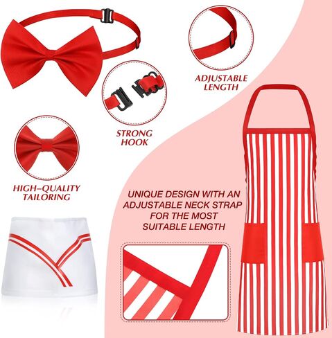 4 Pieces 1950s Adult Waiter Costume Kit Apron Tray with Strap Soda Jerk Chef Hat Bow Knot for 1950s Diner Dress Party in Kuwait