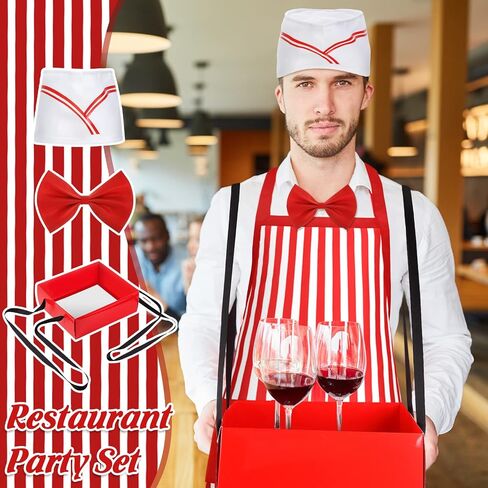 4 Pieces 1950s Adult Waiter Costume Kit Apron Tray with Strap Soda Jerk Chef Hat Bow Knot for 1950s Diner Dress Party in Kuwait