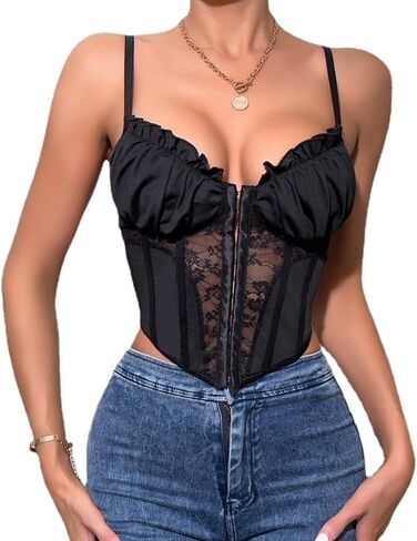Womens Sexy Lace Patchwork Bustier Crop Tops V Neck Spaghetti Strap Y2K Trendy Going Out Corset Top in Saudi Arabia