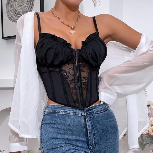 Womens Sexy Lace Patchwork Bustier Crop Tops V Neck Spaghetti Strap Y2K Trendy Going Out Corset Top in Saudi Arabia