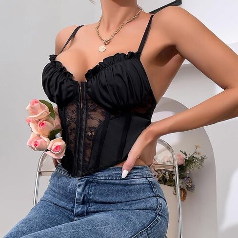 Womens Sexy Lace Patchwork Bustier Crop Tops V Neck Spaghetti Strap Y2K Trendy Going Out Corset Top in Saudi Arabia