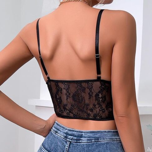 Womens Sexy Lace Patchwork Bustier Crop Tops V Neck Spaghetti Strap Y2K Trendy Going Out Corset Top in Saudi Arabia