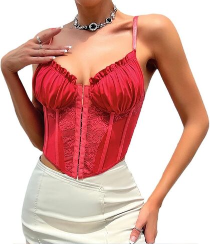Womens Sexy Lace Patchwork Bustier Crop Tops V Neck Spaghetti Strap Y2K Trendy Going Out Corset Top in Saudi Arabia