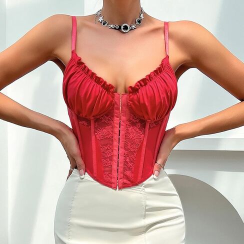 Womens Sexy Lace Patchwork Bustier Crop Tops V Neck Spaghetti Strap Y2K Trendy Going Out Corset Top in Saudi Arabia