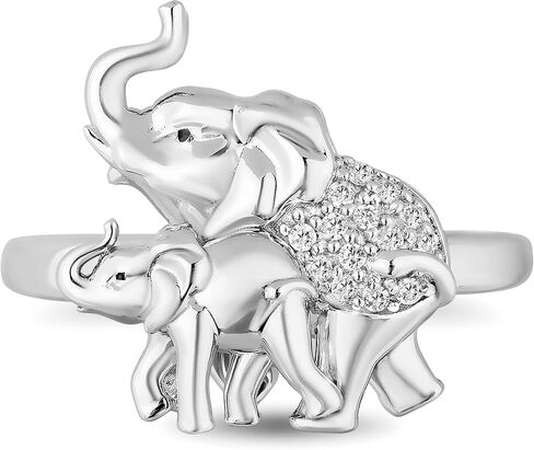 Jewelili Hallmark Fine Jewelry Sterling Silver Natural White Round Diamond Accent Mom and Baby Elephants Ring in Saudi Arabia
