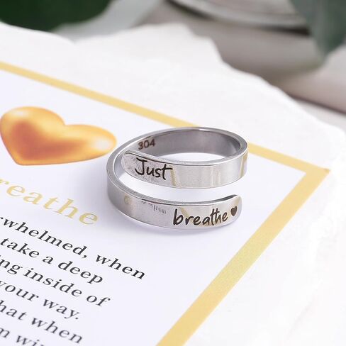 Dainty Just Breathe Ring for Women, Inspirational Engraved Heart Stainless Steel Open Ring Encouragement Daily Motivation Love Yourself Jewelry Gift in Saudi Arabia