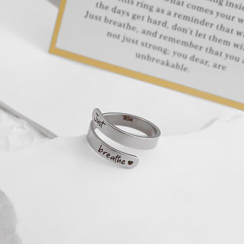 Dainty Just Breathe Ring for Women, Inspirational Engraved Heart Stainless Steel Open Ring Encouragement Daily Motivation Love Yourself Jewelry Gift in Saudi Arabia