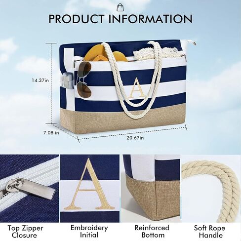 Large Initial Beach Bag Waterproof Tote Zipper Bag Personalized Gifts for Women Her Birthday Travel Beach Essential in Saudi Arabia