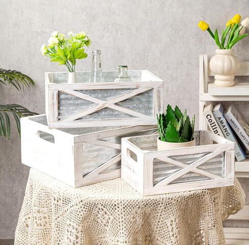 مجموعة من 3 صناديق خشبية متداخلة، صناديق حاويات تخزين خشبية ريفية بمقابض مقصوصة، سلال خشبية مزخرفة للعرض، باب الحظيرة (رمادي) in Kuwait