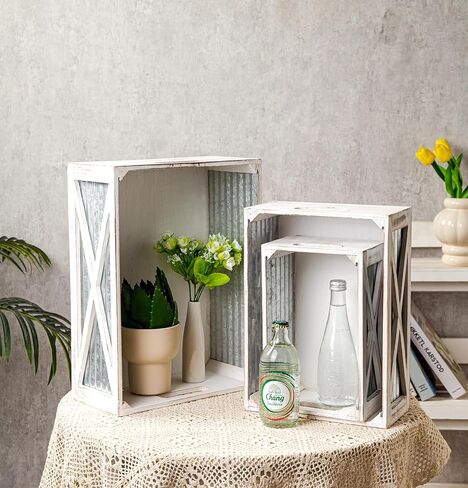 مجموعة من 3 صناديق خشبية متداخلة، صناديق حاويات تخزين خشبية ريفية بمقابض مقصوصة، سلال خشبية مزخرفة للعرض، باب الحظيرة (رمادي) in Kuwait