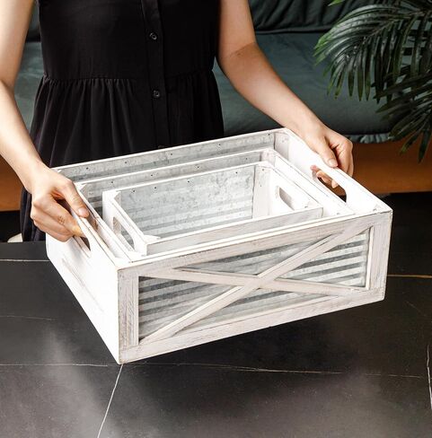 مجموعة من 3 صناديق خشبية متداخلة، صناديق حاويات تخزين خشبية ريفية بمقابض مقصوصة، سلال خشبية مزخرفة للعرض، باب الحظيرة (رمادي) in Kuwait