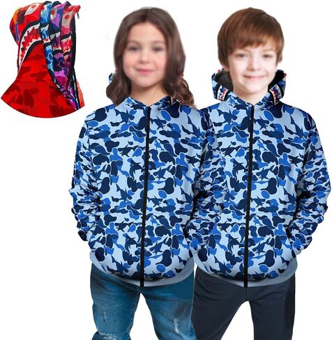 3d print shark mouth zipper hoodie zip up hoddie camo shark jaw Blue hoddie-Blue-Medium in Saudi Arabia
