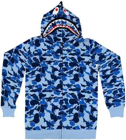 3d print shark mouth zipper hoodie zip up hoddie camo shark jaw Blue hoddie-Blue-Medium in Saudi Arabia