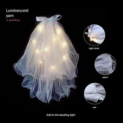 JAKAWIN Light Up Bowknot Wedding Veil Tulle Bridal Shower Short Veils Bachelorette Party Hair Accessories for Women TS001 in Kuwait