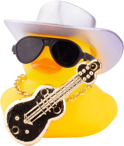 Car Rubber Duck, Yellow Duck Car Dashboard Decorations with Mini Cowboy Hat Musical Instrument Sunglasses Necklace(Sparkling Silver) in Saudi Arabia