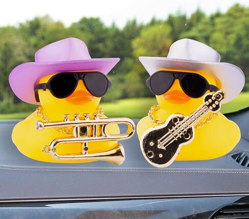 Car Rubber Duck, Yellow Duck Car Dashboard Decorations with Mini Cowboy Hat Musical Instrument Sunglasses Necklace(Sparkling Silver) in Saudi Arabia
