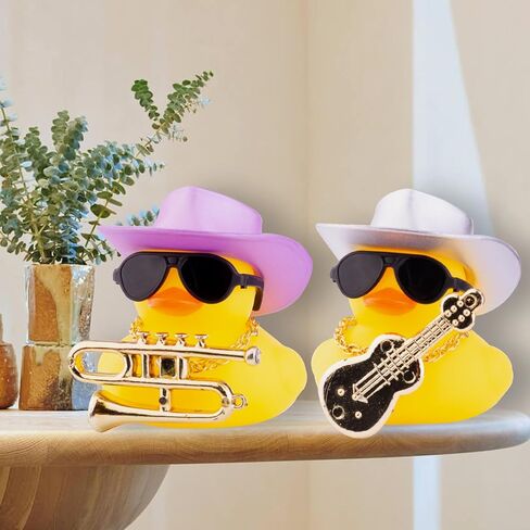 Car Rubber Duck, Yellow Duck Car Dashboard Decorations with Mini Cowboy Hat Musical Instrument Sunglasses Necklace(Sparkling Silver) in Saudi Arabia