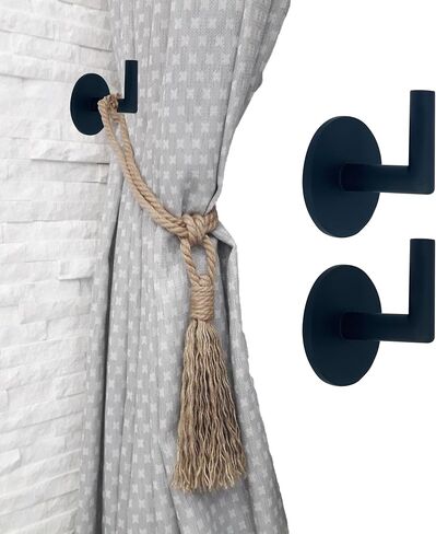 Morden L Shaped Curtain Tiebacks，Curtain Hooks,Window Drapery holdbacks, Clothes, Coat, Hat and Towel Hooks，Set of 2,Black in Saudi Arabia