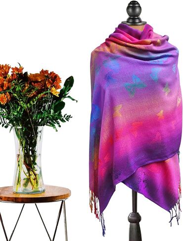 Woven Rainbow Vivid Swarm of Butterflies Pride Soft Fringe Pashmina Shawl Scarf Wrap in Saudi Arabia