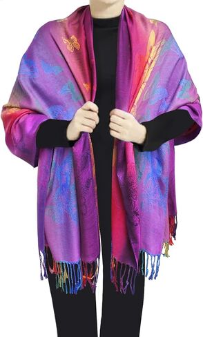 Woven Rainbow Vivid Swarm of Butterflies Pride Soft Fringe Pashmina Shawl Scarf Wrap in Saudi Arabia