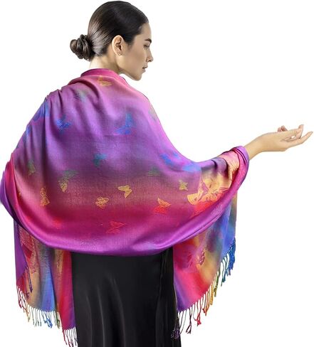 Woven Rainbow Vivid Swarm of Butterflies Pride Soft Fringe Pashmina Shawl Scarf Wrap in Saudi Arabia