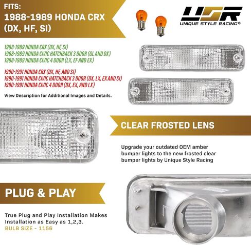 USR 88-89 CRX Turn Signal Light – CLEAR Front Bumper Signals Lamps (Left + Right) - Compatible with 1988-1989 Honda CR-X/Civic Hatchback 3 Door / 4 Door Sedan All Models (CLEAR Lens, Amber Bulbs) in Saudi Arabia