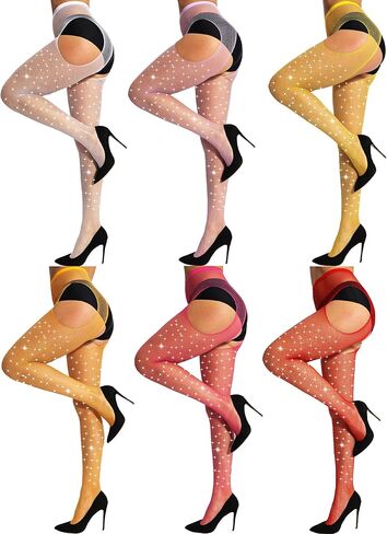 DancMolly 6 Pairs Sparkly Suspender Fishnet Pantyhose Shimmer High Waist Tights Sexy Rhinestone Leggings for Women, 18 Colors in Saudi Arabia