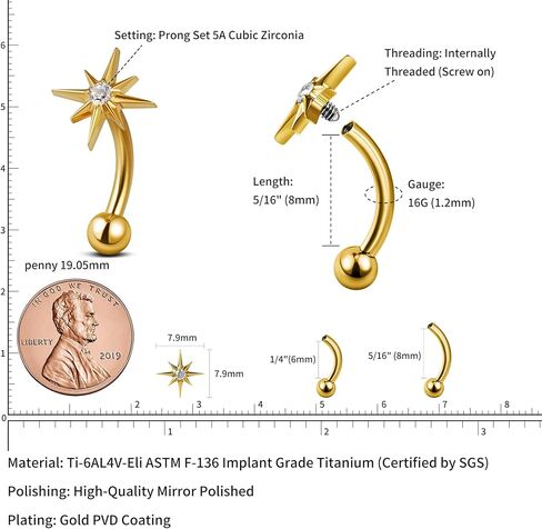 FINE4U 1PC Rook Piercing Jewelry 16g 8mm 6mm - ASTM F136 Titanium Rook Earrings, Curved Barbell Body Jewelry in Saudi Arabia