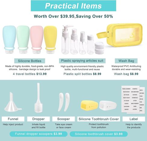 مجموعة زجاجات السفر من نويديير 18 قطعة لمستلزمات الزينة، حاويات بحجم السفر معتمدة من إدارة أمن المواصلات الأمريكية مع ضمادة سيليكون قابلة للعصر لغسول الجسم والشامبو والبلسم (متعددة الألوان + حقيبة زرقاء) in Saudi Arabia