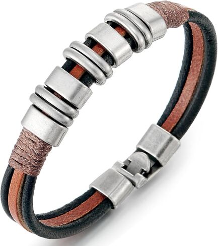 COOLSTEELANDBEYOND Brown Black Leather Bracelet Bangle with Metal Charms, Mens Women Leather Bracelet Wristband in Saudi Arabia