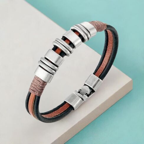 COOLSTEELANDBEYOND Brown Black Leather Bracelet Bangle with Metal Charms, Mens Women Leather Bracelet Wristband in Saudi Arabia
