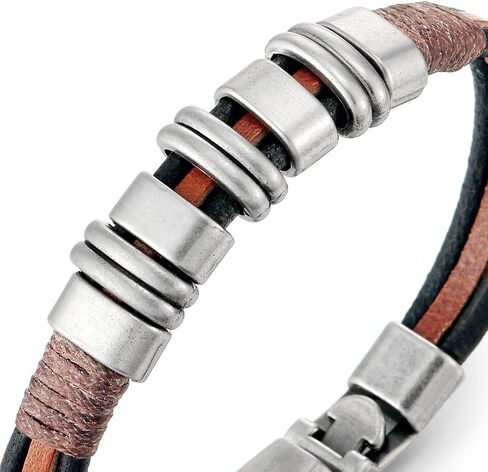 COOLSTEELANDBEYOND Brown Black Leather Bracelet Bangle with Metal Charms, Mens Women Leather Bracelet Wristband in Saudi Arabia