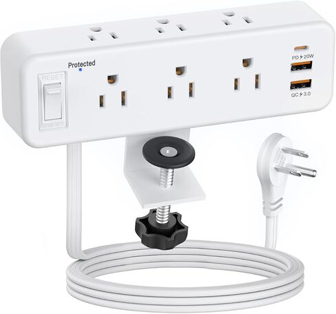 شريط طاقة بمشبك مكتب مع PD 20 وات USB C، حامي عرام سطح المكتب مع 6 منافذ، مقبس حافة الطاولة مع مفتاح، سلك تمديد نحيف بقابس مسطح بطول 6 أقدام، يناسب حافة سطح الطاولة بسمك 1.8 بوصة in Kuwait