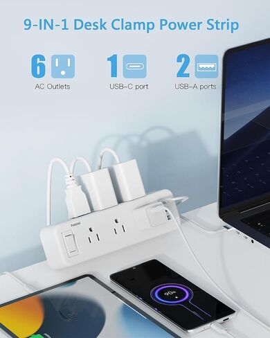 شريط طاقة بمشبك مكتب مع PD 20 وات USB C، حامي عرام سطح المكتب مع 6 منافذ، مقبس حافة الطاولة مع مفتاح، سلك تمديد نحيف بقابس مسطح بطول 6 أقدام، يناسب حافة سطح الطاولة بسمك 1.8 بوصة in Kuwait