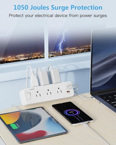 شريط طاقة بمشبك مكتب مع PD 20 وات USB C، حامي عرام سطح المكتب مع 6 منافذ، مقبس حافة الطاولة مع مفتاح، سلك تمديد نحيف بقابس مسطح بطول 6 أقدام، يناسب حافة سطح الطاولة بسمك 1.8 بوصة in Kuwait
