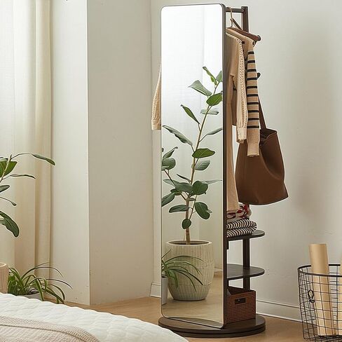 67"×15.7" Full Length Mirror, Large 360° Swivel Mirror with Cloak Rack,with 3 tiers of shelves,Standing Mirror,Rubber Wood Frame, Full Body Mirror, Multifunctional Mirror -Dark Brown in Saudi Arabia