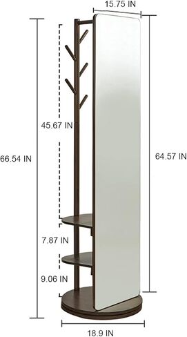67"×15.7" Full Length Mirror, Large 360° Swivel Mirror with Cloak Rack,with 3 tiers of shelves,Standing Mirror,Rubber Wood Frame, Full Body Mirror, Multifunctional Mirror -Dark Brown in Saudi Arabia