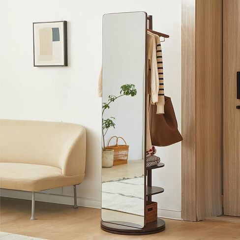 67"×15.7" Full Length Mirror, Large 360° Swivel Mirror with Cloak Rack,with 3 tiers of shelves,Standing Mirror,Rubber Wood Frame, Full Body Mirror, Multifunctional Mirror -Dark Brown in Saudi Arabia