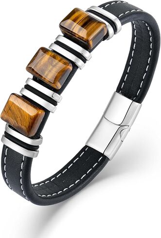 Men's Leather Bracelet Natural Tiger Eye Leather Cuff Bracelet for him,Father's Day Anniversary Jewelry Gifts in Saudi Arabia