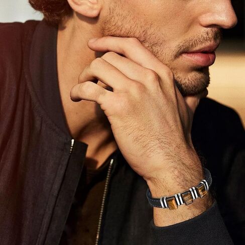 Men's Leather Bracelet Natural Tiger Eye Leather Cuff Bracelet for him,Father's Day Anniversary Jewelry Gifts in Saudi Arabia