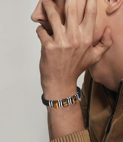 Men's Leather Bracelet Natural Tiger Eye Leather Cuff Bracelet for him,Father's Day Anniversary Jewelry Gifts in Saudi Arabia