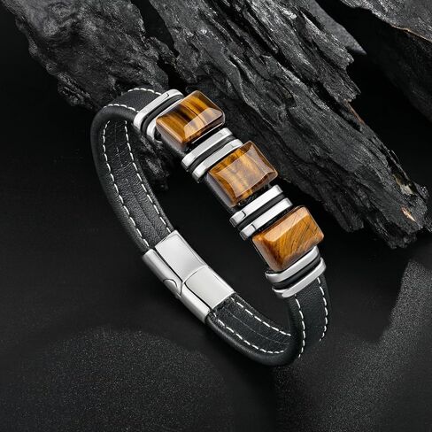 Men's Leather Bracelet Natural Tiger Eye Leather Cuff Bracelet for him,Father's Day Anniversary Jewelry Gifts in Saudi Arabia