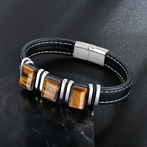 Men's Leather Bracelet Natural Tiger Eye Leather Cuff Bracelet for him,Father's Day Anniversary Jewelry Gifts in Saudi Arabia