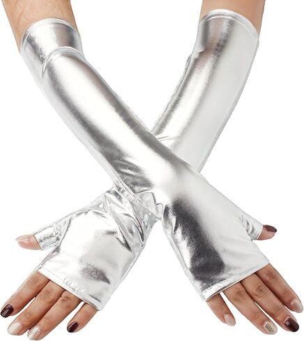 قفازات نسائية طويلة فضية معدنية بدون أصابع ملحقات أزياء تنكرية in Kuwait