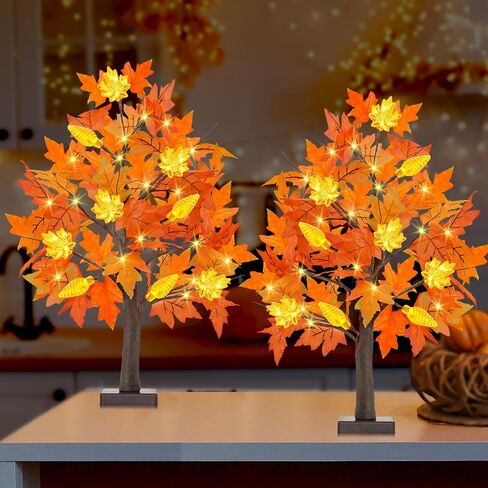 [2 Pack & Timer] Fall 24 Inch Lighted Maple Tree with 48 LED Timer Battery Operated Artificial Autumn Tabletop Tree for Fall Autumn Harvest Thanksgiving Party Indoor Home Bedroom Fall Decorations in Saudi Arabia