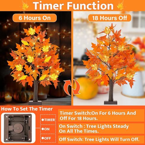 [2 Pack & Timer] Fall 24 Inch Lighted Maple Tree with 48 LED Timer Battery Operated Artificial Autumn Tabletop Tree for Fall Autumn Harvest Thanksgiving Party Indoor Home Bedroom Fall Decorations in Saudi Arabia